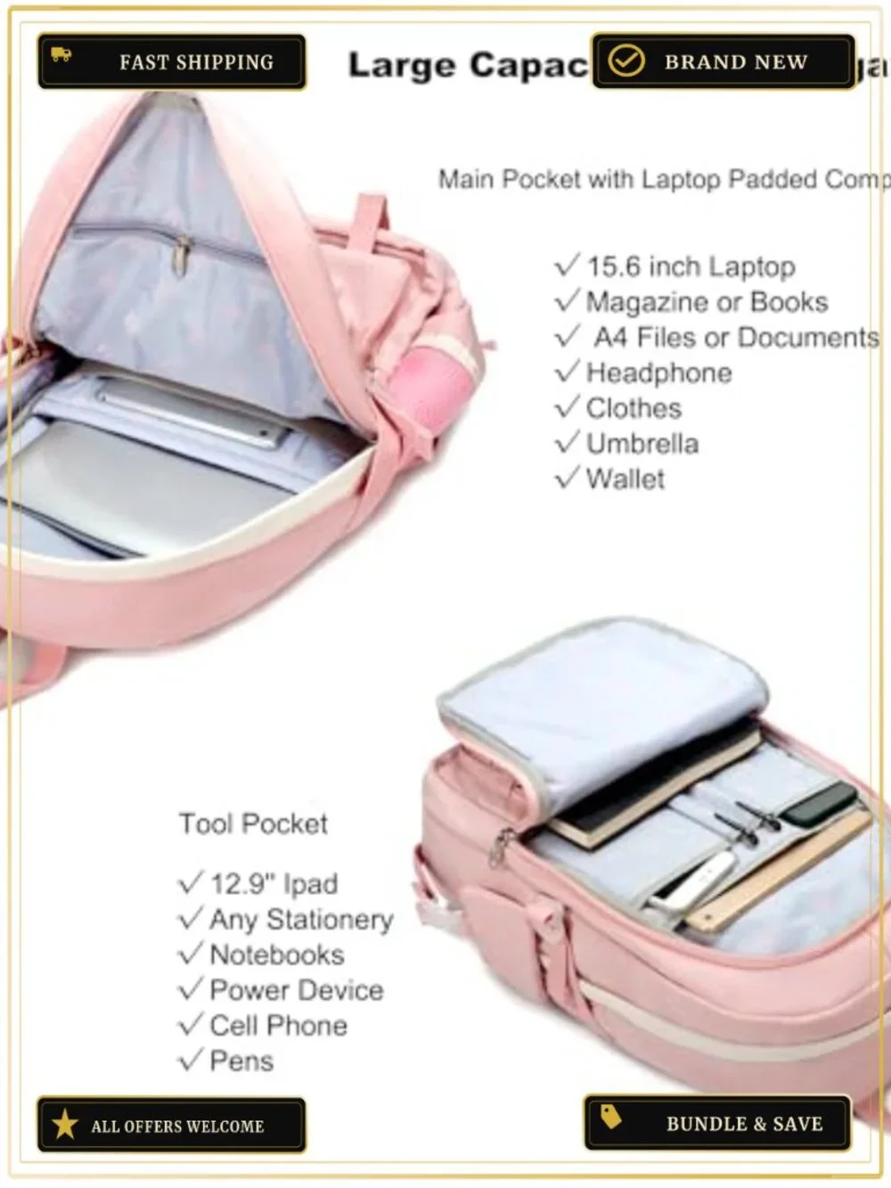 Laptop Backpack for Women 15.6 Inch Waterproof Nylon Daypack with USB, School